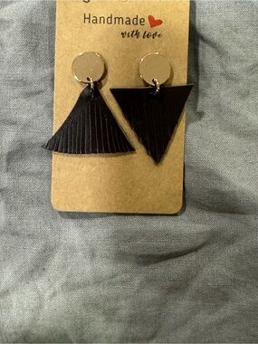 Handmade Black Triangle Fringe Earrings with Gold Discs